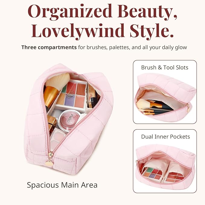 LOVELYWIND Makeup Bag, Quilted Puffy Travel Toiletry Bag with Compartments, Wide-Open Cosmetic Bag for Women, Pouch Purse Organizer, Pink