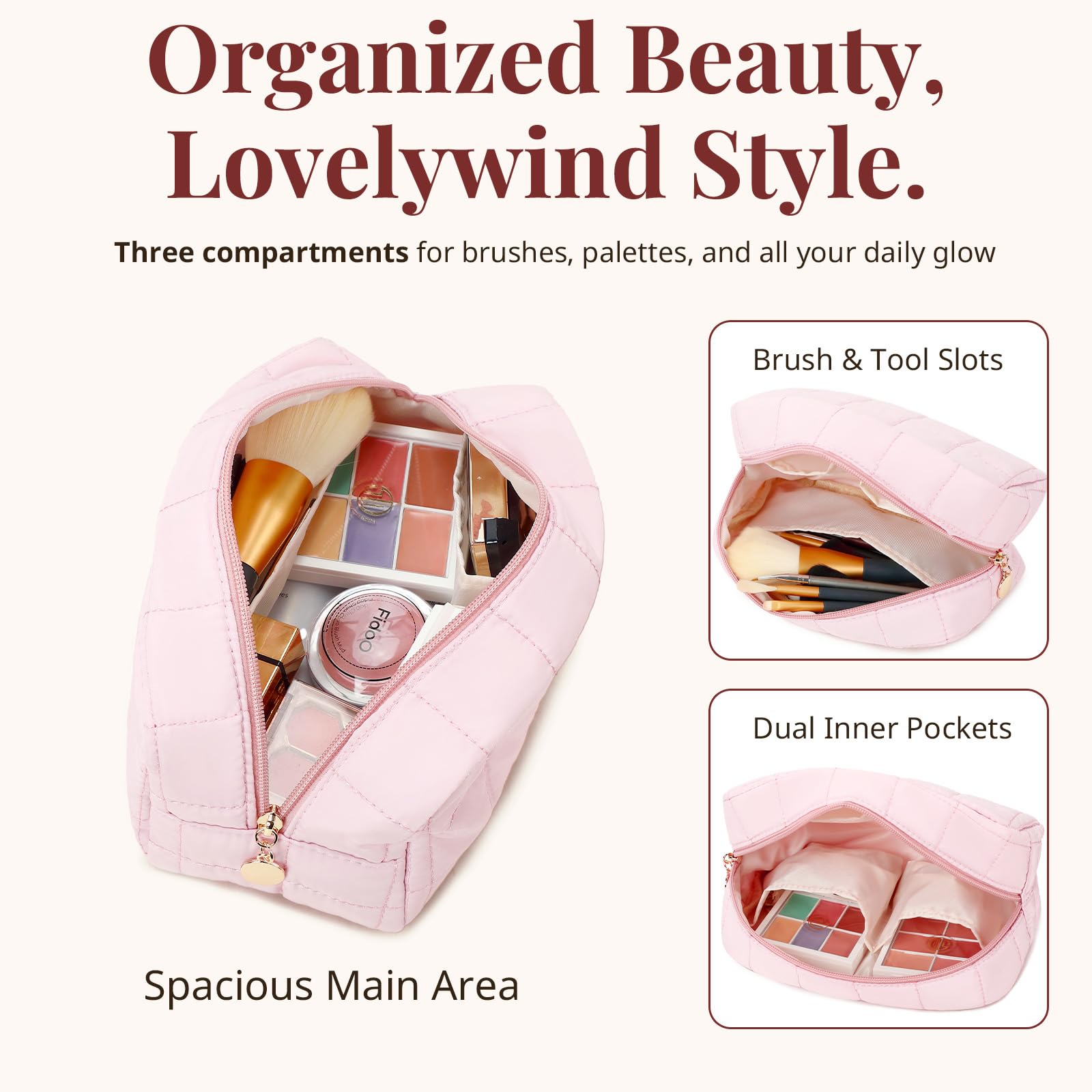 LOVELYWIND Makeup Bag, Quilted Puffy Travel Toiletry Bag with Compartments, Wide-Open Cosmetic Bag for Women, Pouch Purse Organizer, Pink