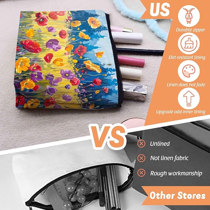 Scribesense Cosmetic Bags Travel Makeup Toilet Case Waterproof Pouch for Women Girls 6.7X9.45inches - Oil Painting of A Colorful Poppy Field