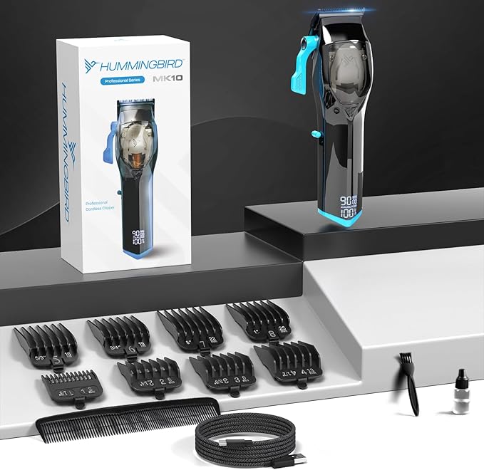 HUMMINGBIRD MK10 Pro Series Cordless Hair Clippers – 9,000 RPM Brushless Motor, DLC Blade, USB-C Rechargeable, Super Torque, Professional Barber Clippers, Haircut Kit, Includes Barber Cape & Comb