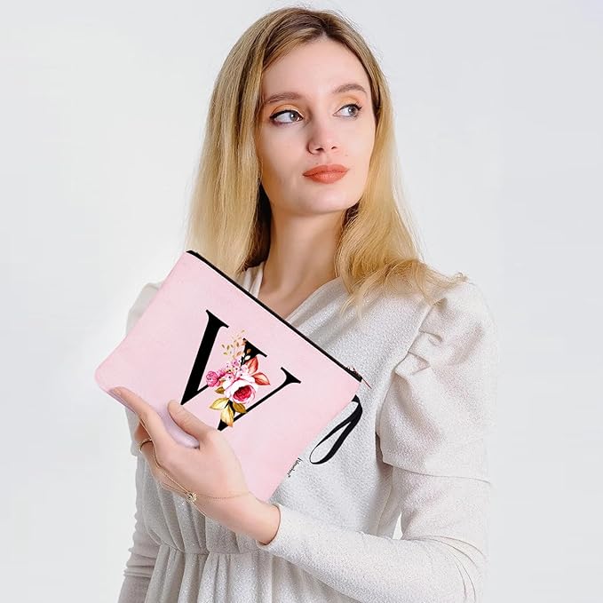 Vavabox A-Z Personalized Makeup Bag, Birthday Gifts for Women Mom, Gifts for Best Friend, Bride Bridesmaid Cosmetic bag (W, 06-Pink)