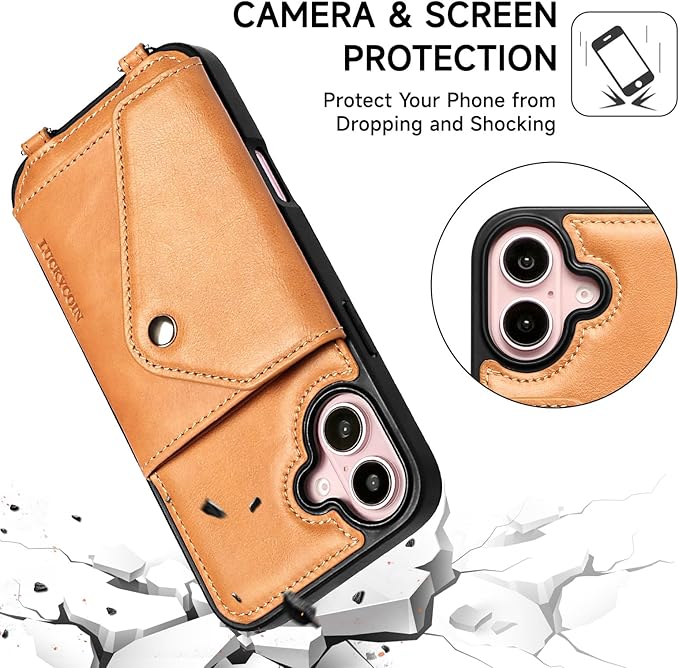 LUCKYCOIN Crossbody Phone Case for iPhone 16 Plus,100% Genuine Leather Phone Wallet Case for Women, Premium Hands-Free Phone Purse with Expandable Flip Card Holder & Adjustable Strap - Retro Tan