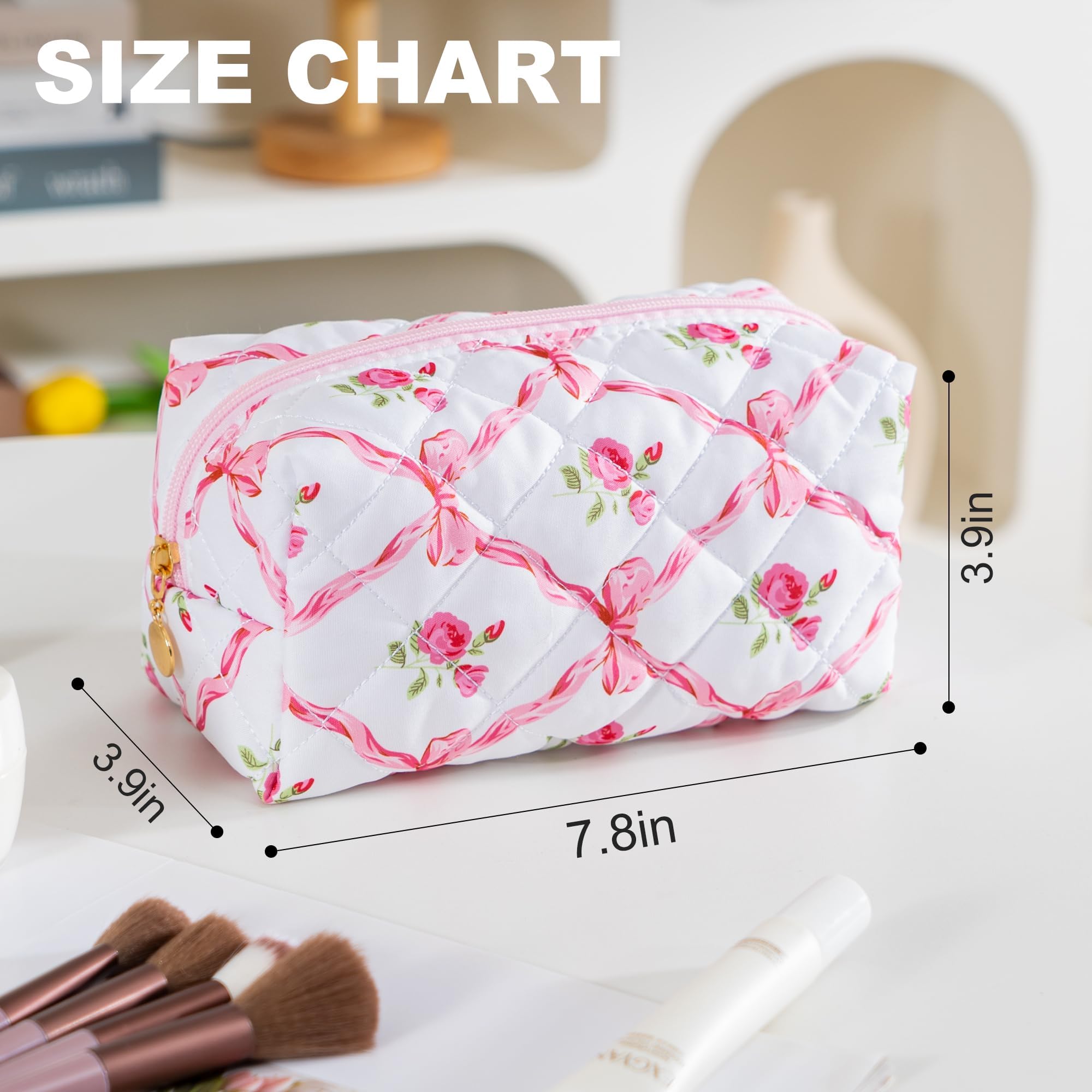 UUYUUY Makeup Bag Travel Toiletry Bag for Women, Small Cosmetic Bags Cute Quilted Cotton Makeup Pouch for Purse Emergency Bag Floral Pencil Case Accessory Bag, Bow and Floral