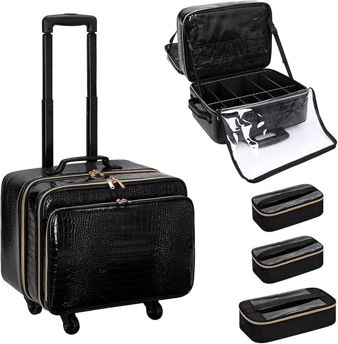 OCHEAL 18 Inch Rolling Makeup Train Case, Extra Large Travel Cosmetic Organizer Storage Trolley with Wheels, 3 Layers & 3 Travel Makeup Bags Carry On for Hairstylist Cosmetology Artist