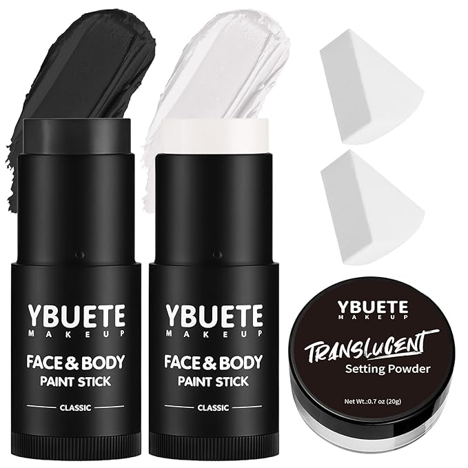 YBUETE White Black Face Body Paint Stick Set for Halloween Cosplay SFX
