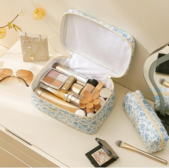HBselect Quilted Makeup Bag, 3Pcs Cotton Large Travel Makeup Bags Organizer