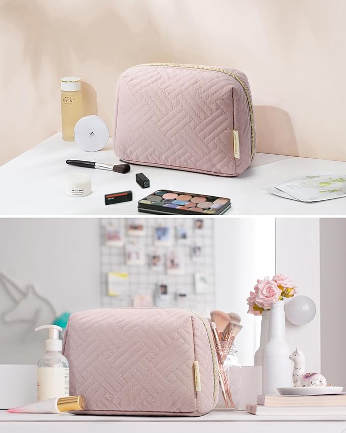 BAGSMART Small Makeup Bag, Compact Cosmetic Pouch for Women for Purse, Travel Toiletry Organizer with Wide Open Design, Pink