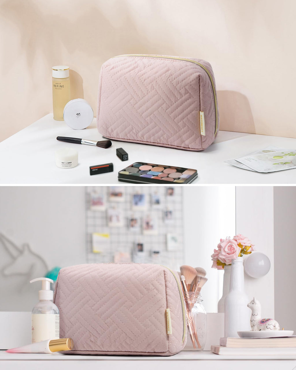 BAGSMART Small Makeup Bag, Compact Cosmetic Pouch for Women for Purse, Travel Toiletry Organizer with Wide Open Design, Pink