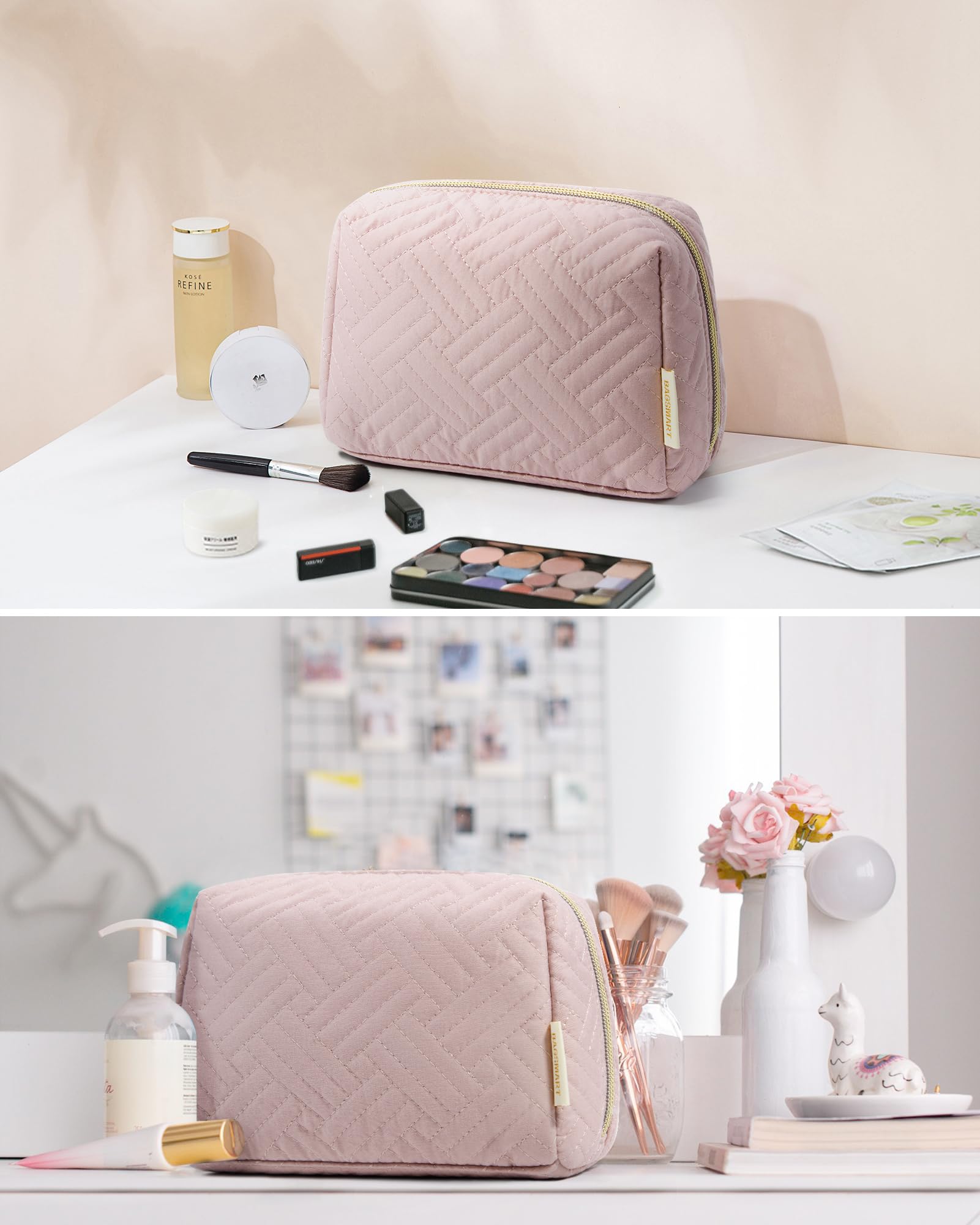 BAGSMART Small Makeup Bag, Compact Cosmetic Pouch for Women for Purse, Travel Toiletry Organizer with Wide Open Design, Pink
