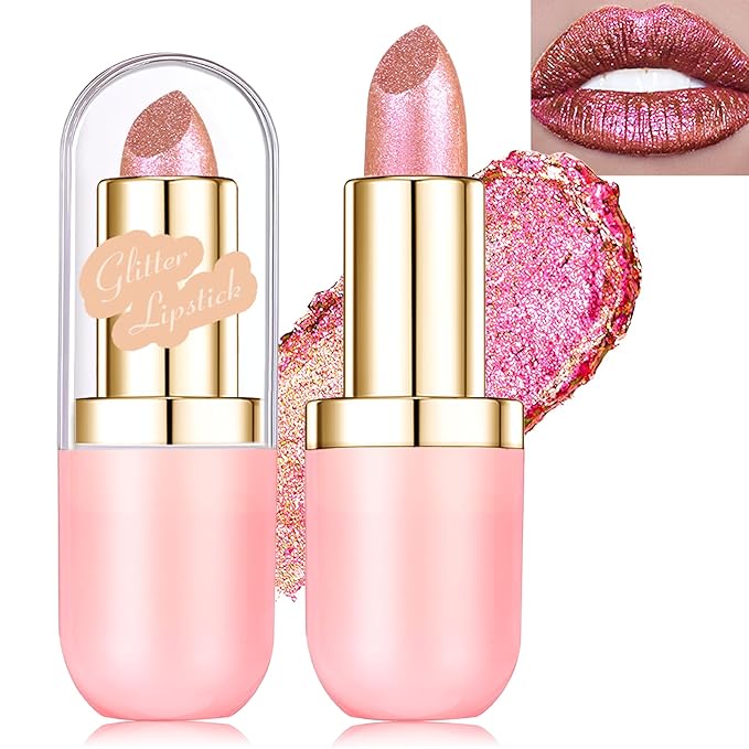 Wugbc Glitter Lipstick Makeup, Rose Gold Holographic Metallic Lip Stick Long Lasting Lightweight Non-Sticky Hydrating Lip Tinted Full Coverage Sparkling Chameleon Lipstick for Women