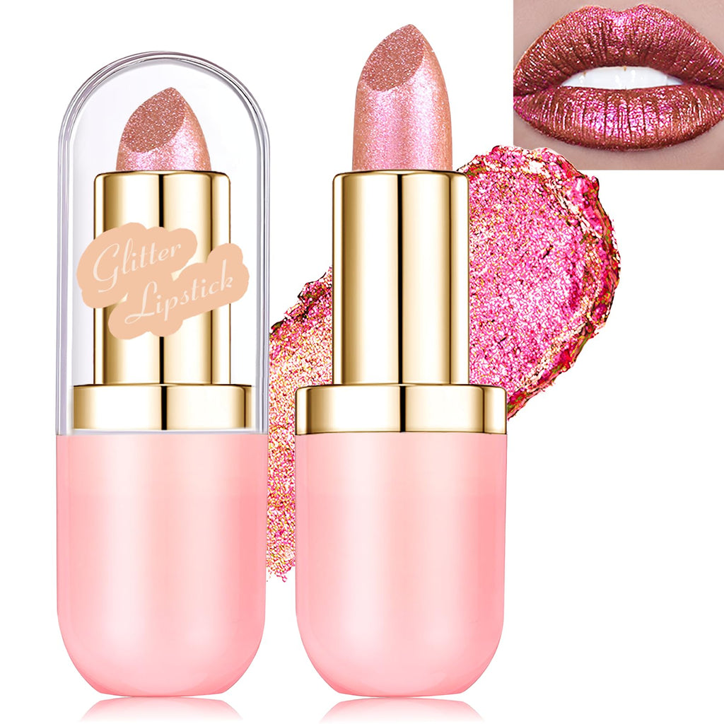 Wugbc Glitter Lipstick Makeup, Rose Gold Holographic Metallic Lip Stick Long Lasting Lightweight Non-Sticky Hydrating Lip Tinted Full Coverage Sparkling Chameleon Lipstick for Women
