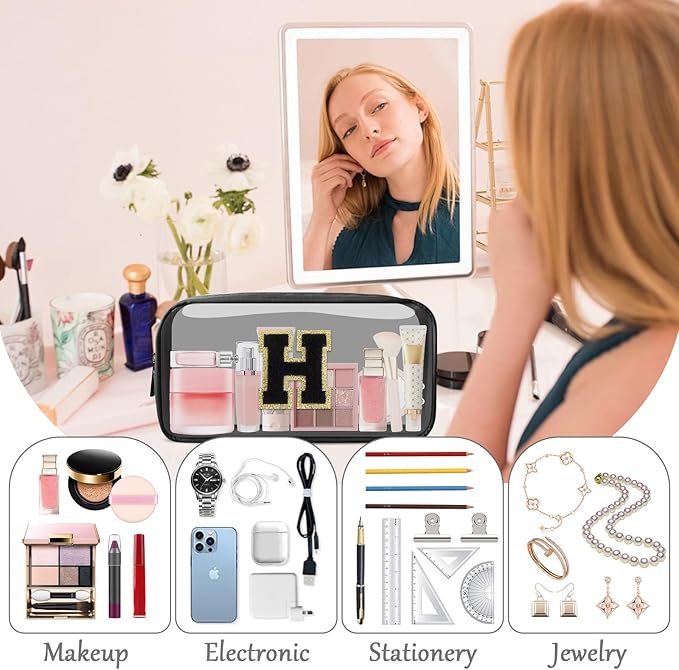 UIXIZQ Personalized Initial Letter Clear Makeup Bag,Preppy Small Nylon&PVC Cosmetic Zipper Bag with Chenille Letter,Travel Skincare Toiletry Bag,Monogram Christmas Gift for Teen Girls Women,H