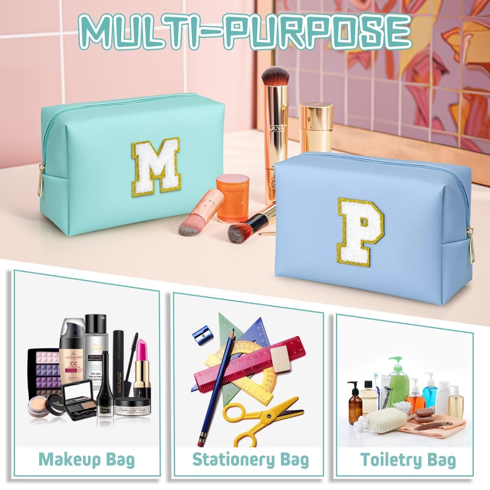 TOPEAST Preppy Stuff for Girls, Initial Makeup Bag Chenille Letter Pouch Cosmetic Bag with Zipper, PU Leather Waterproof Toiletry Bag, Cute Stuff Birthday Gift for Friends Sister (Blue T)