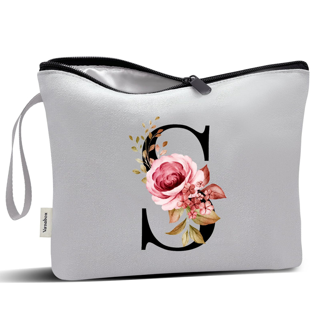 Vavabox A-Z Personalized Makeup Bag, Birthday Gifts for Women Mom, Gifts for Best Friend, Bride Bridesmaid Cosmetic bag (S, Grey)