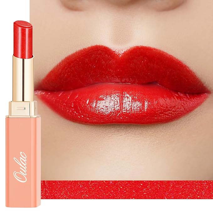 Oulac Red Lipstick for Women, Moisturizing Lipsticks Glass Shine Lipstick with Shimmer, Hydrating Tinted Lip Balm, Juicy Lip Color for Dry, Cracked and Chapped Lips, Vegan S06