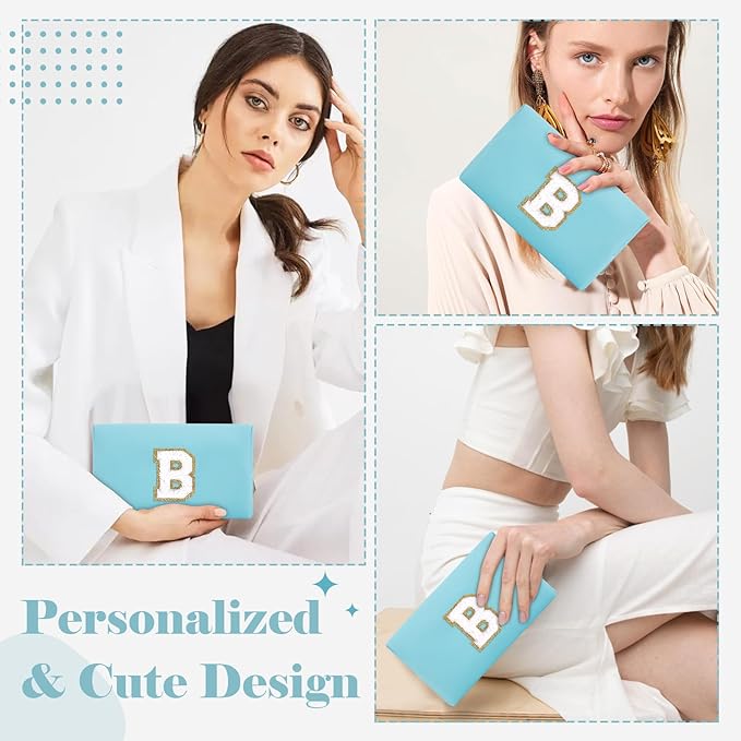 Small Personalized Initial A-Z Preppy Patch Makeup Bag,PU Chenille Letter Travel Cosmetic Pouch with Zipper,Blue Cute Toiletry Bag,Gift Ideal for Teen Girls Women Teacher Bridesmaid,Letter B