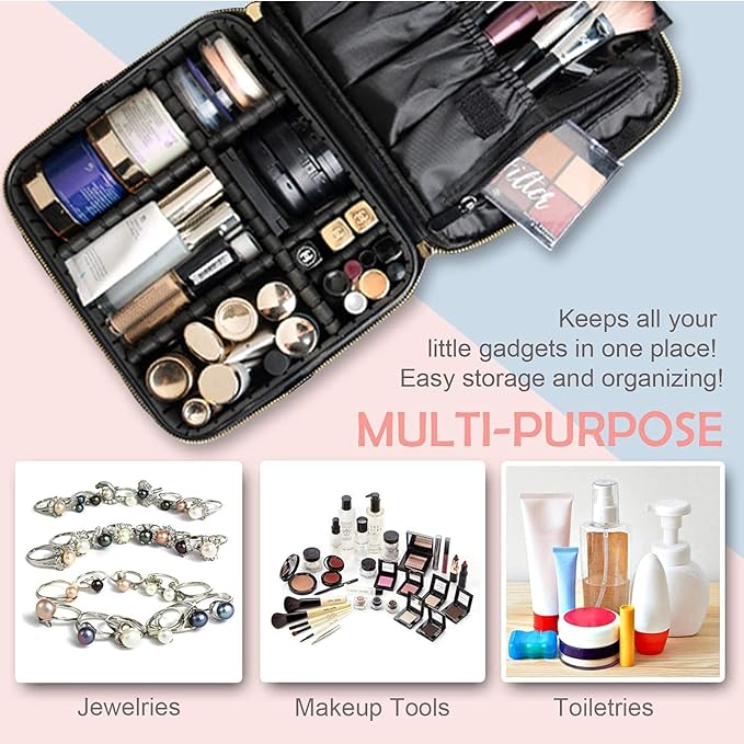 Bvser Travel Makeup Case, PU Leather Portable Organizer Makeup Train Case Makeup Bag Cosmetic Case with Adjustable Dividers for Cosmetics Makeup Brushes Women (Pink)