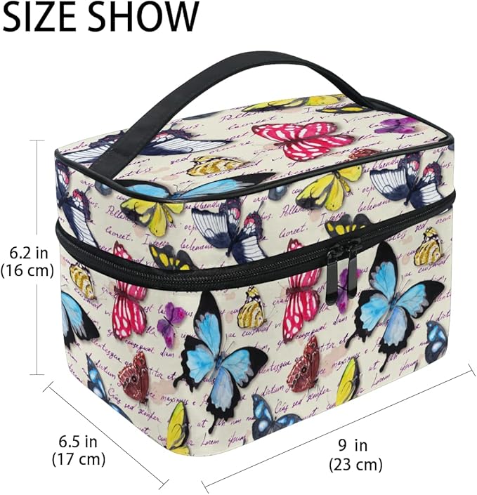 MNSRUU Makeup Bag, Vintage Butterfly Hand Written Text Travel Makeup Organizer Bag Cosmetic Cases Toiletry Bags for Girl Women Ladies