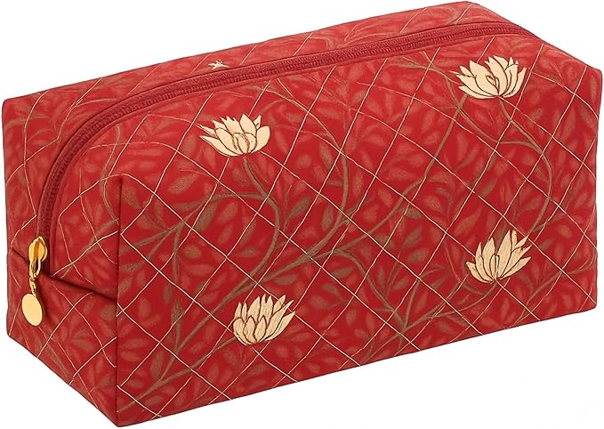 OIMEI Floral Quilted Cotton Makeup Bag for Women, Large Capacity Travel Cosmetic Pouch with Zipper, Cute Toiletry & Brush Organizer, Kawaii Makeup Storage Case – Garden Red