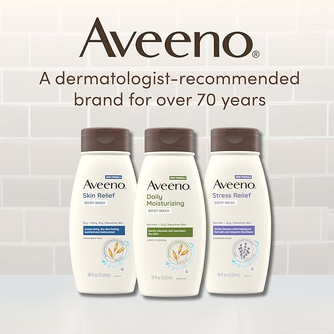 Aveeno Daily Moisturizing Body Wash for Normal to Dry Skin, Sensitive Skin Formula with Prebiotic Oat, Gently Cleanses & Nourishes Dry Skin, Lightly Scented Body Wash for Women and Men, 18 Fl Oz