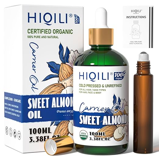 HIQILI Organic Sweet Almond Oil Cold Pressed for Skin, Hair & Skin Care