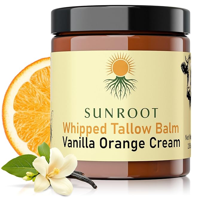Sunroot Naturals Whipped Tallow Balm, Vanilla Orange Cream Moisturizer, Natural Ingredients, 4oz Glass Jar, Face and Body Care