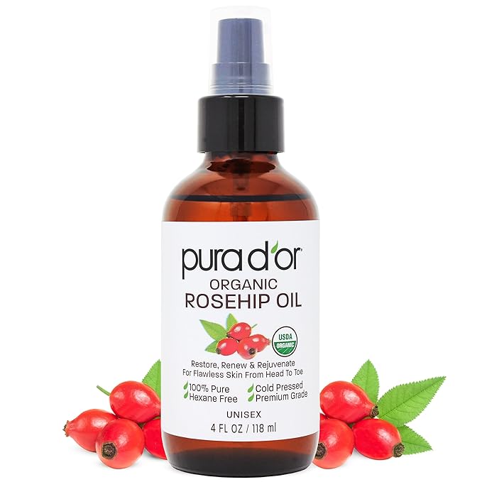 PURA D'OR ORGANIC Rosehip Seed Oil 100% Pure Cold Pressed USDA Certified For Hair, Skin, Scalp, Anti Aging Face & Body - Hexane Free Glass Bottle - 4 Oz - Ayurvedic Hair Care