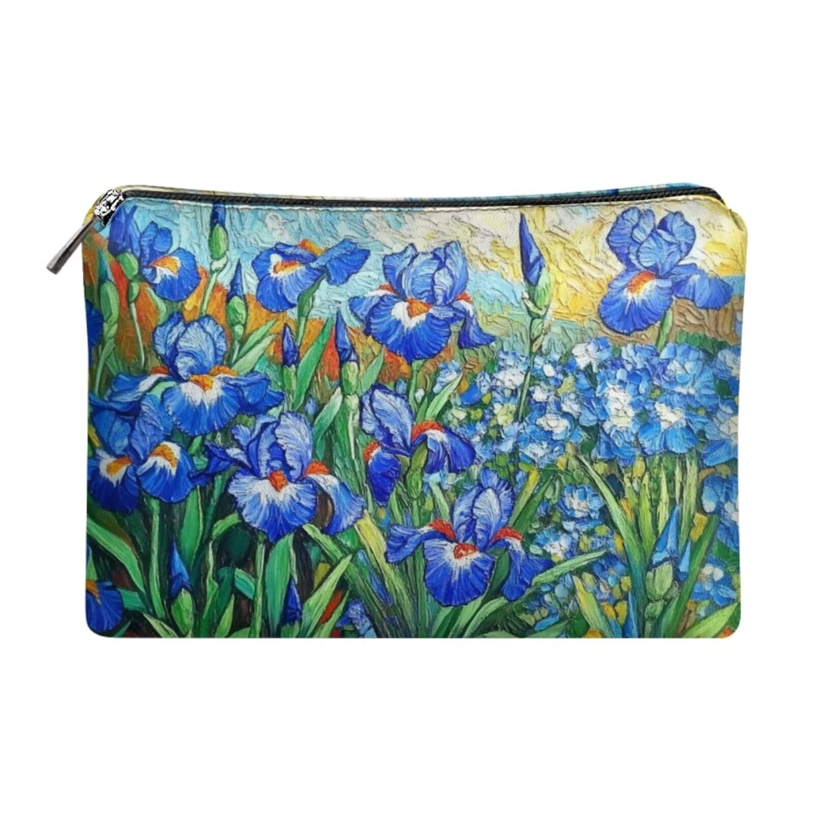 COEQINE Leather Cosmetic Purses for Women Wedding Floral Makeup Bag Organizer Portable Travel Lisptic Pouch With Zipper Womens Evening Wedding Party Cosmetic Purse Wallet,Iris Floral Art Print