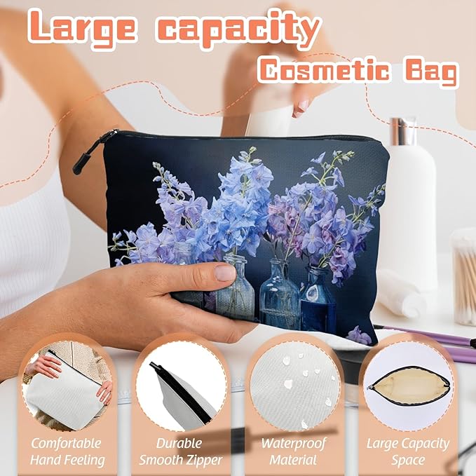 Scribesense Cosmetic Bags Travel Makeup Toilet Case Waterproof Pouch for Women Girls 6.7X9.45inches - Still - Life of Blue - Purple Flowers in Glass Bottles