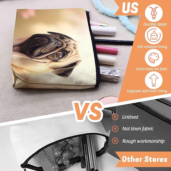Scribesense Cosmetic Bags Travel Makeup Toilet Case Waterproof Pouch for Women Girls 6.7X9.45inches - Pug Dog With A Pensive Expression