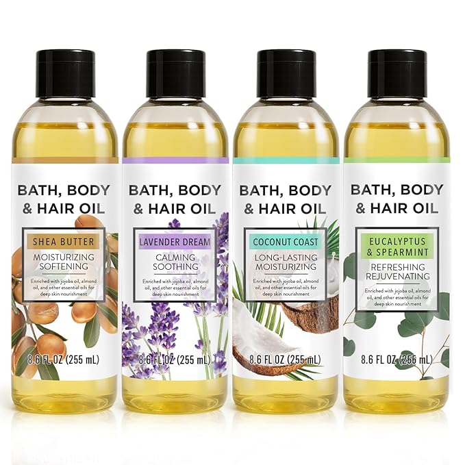 Autumn Shower Bath Oil Body Oil with Shea Butter, Lavender, Eucalyptus Mint, Coconut Scent Bath Oils, Gifts for Women, 34.4 fl oz (Pack of 4)