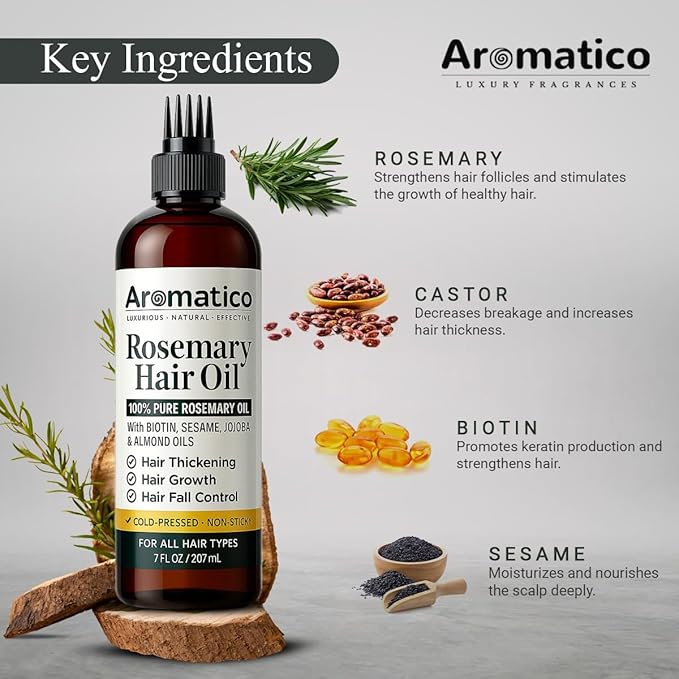 Aromatico Rosemary Hair Oil with Sesame, Jojoba and Almond Oils, Non-Sticky Hair Care Oil with Applicator Cap, 7 Fl Oz
