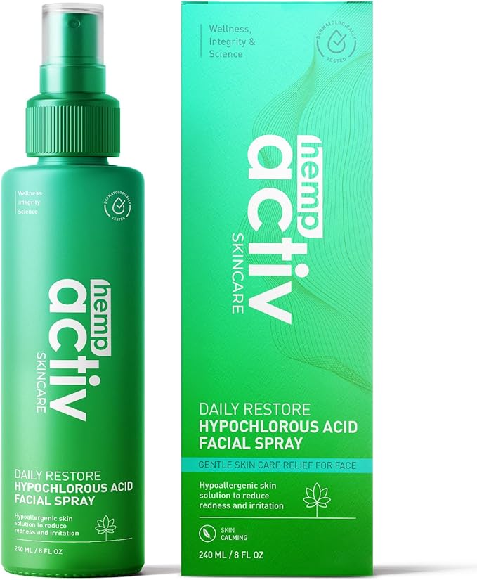 HEMPACTIV Hypochlorous Acid Spray for Face & Skin – Post-Workout Gentle HOCL Facial Cleanser for All Skin Types – After Workout Face Spray, Body Mist – Hydrating, Soothing & Calming Skincare – 8 Fl Oz