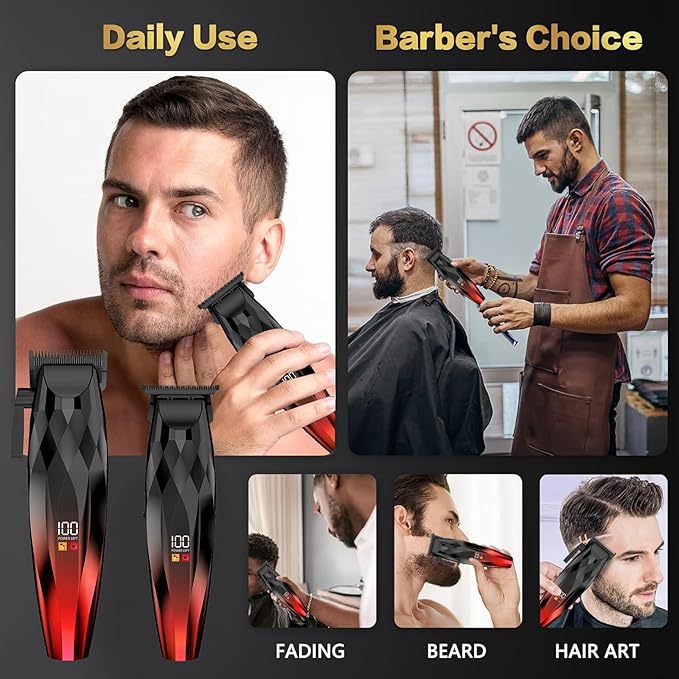 WAIKIL Professional Hair Clipper and Trimmer Set for Men, Cordless Barber Clippers with LED Display, Rechargeable Hair Cutting Kit for Hair, Beard and Grooming,Red