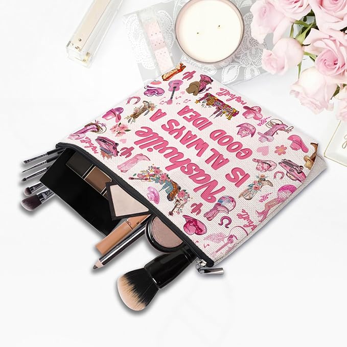 CEASQVAA Nashville Travel Gifts Makeup Bag, Nashville Lover Accessories Souvenirs, Country Music Gifts for Traveller Women Friends, Birthday Bachelorette Party Favors Women Trip Cosmetic Bag Pouch