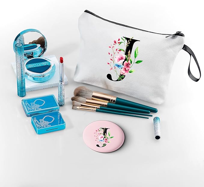 SEAMOON A-Z Personalized Makeup Bag with Mirror, Birthday Gifts for Women Friend Sister Teacher Coworkers, Bride Bridesmaid Travel Cosmetic Bag, Mothers Day Christmas Graduation J