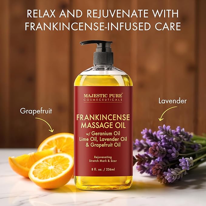 MAJESTIC PURE Frankincense Scar & Stretch Massage Oil for Massage Therapy- Refreshing and Relaxing- Natural Oils with Frankincense Essential Oil- All Skin Types- Men and Women Massage Lotion- 8 fl oz