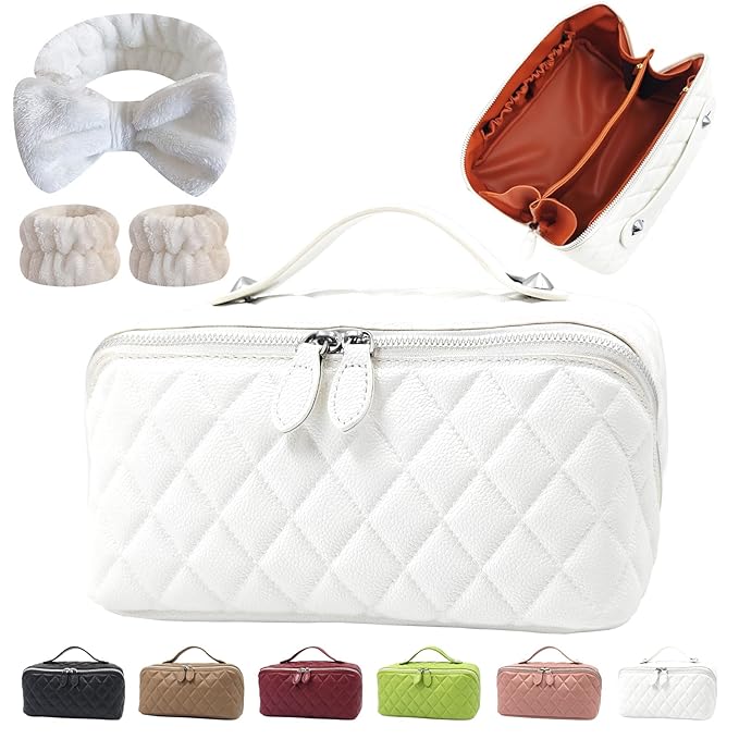 Cuteseason PU Leather Makeup Bag for Women, Structured Makeup Case with Wide Opening, Travel Cosmetic Bag with Compartments and Handle, Water-Resistant Makeup Organizer(White Diamond Quilted)