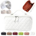 Cuteseason PU Leather Makeup Bag for Women, Structured Makeup Case with Wide Opening, Travel Cosmetic Bag with Compartments and Handle, Water-Resistant Makeup Organizer(White Diamond Quilted)