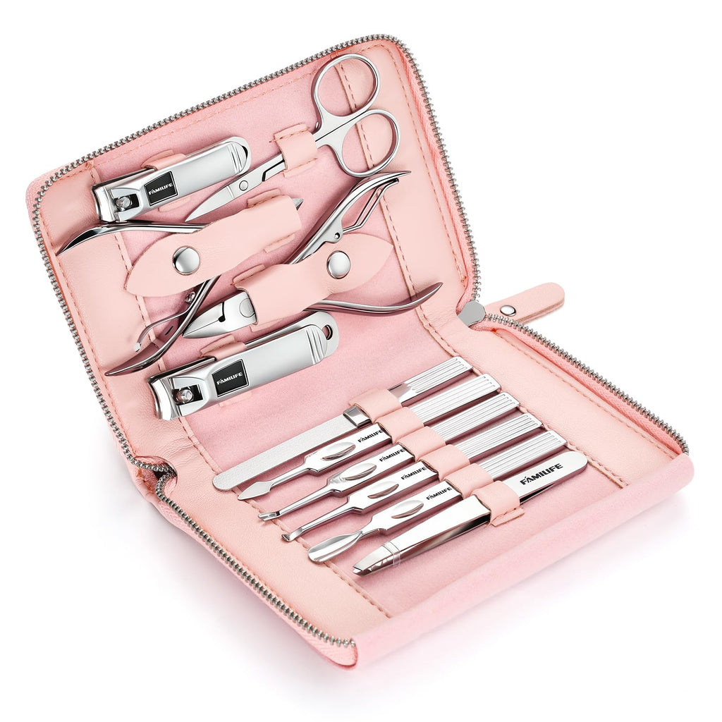 FAMILIFE Manicure Set Professional Manicure Kit Nail Kit - 11PCS Gifts for Her Nail Clippers for Women Stainless Steel Pedicure Sets Pink Leather Case