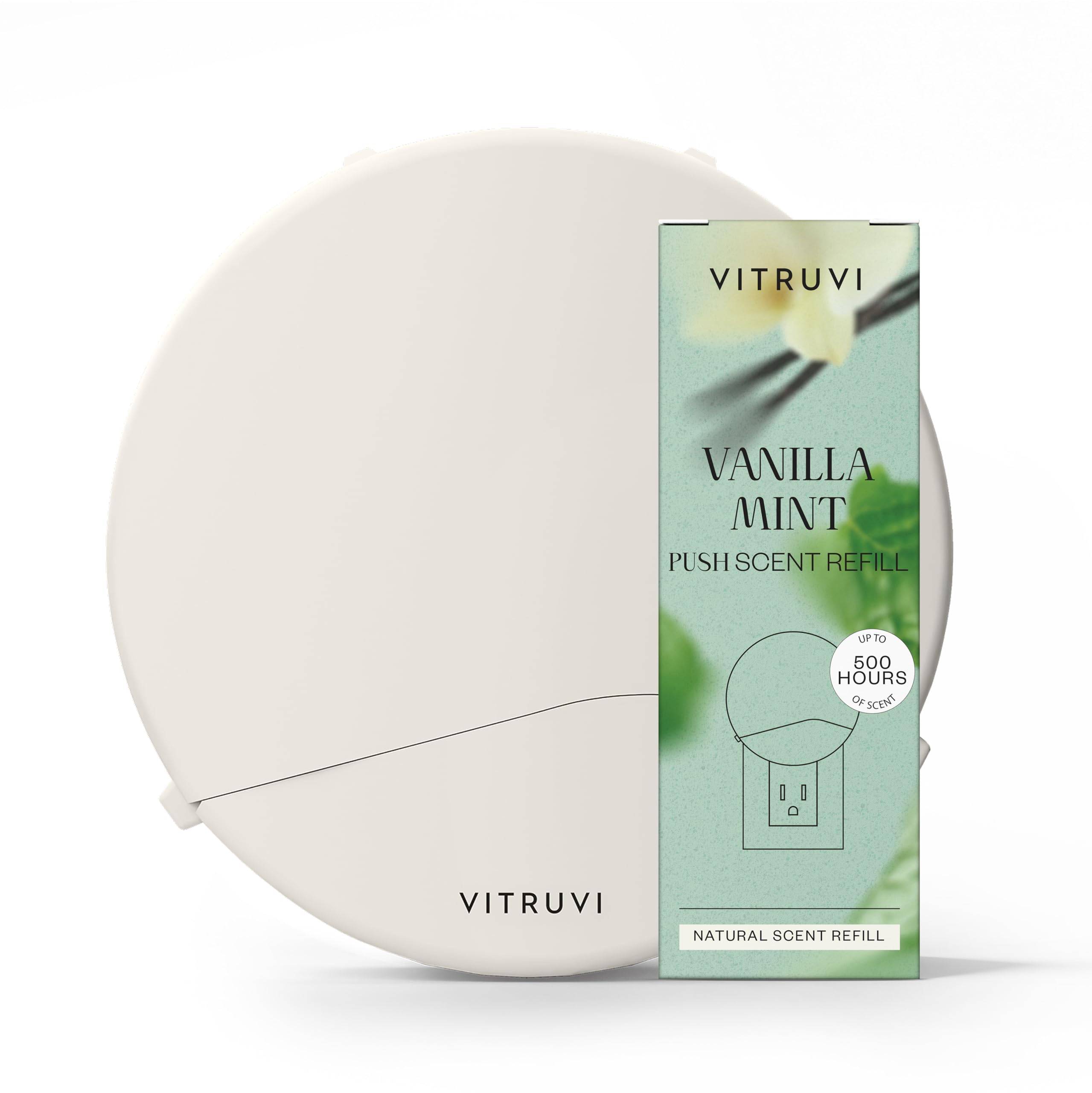 Vitruvi Push Plug-in Wall Diffuser – Starter Kit with Vanilla Mint Refill, Made with Natural Ingredients – Covers 200 Sq Ft – Long-Lasting Scent Up to 500 Hours – White