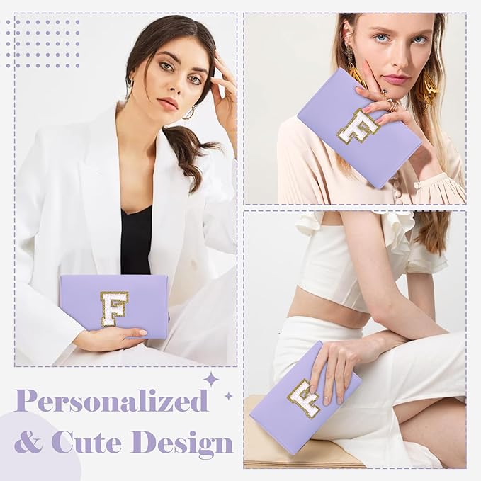 Personalized Makeup Bag Initial A-Z Preppy Patch Bag,Small PU Leather Travel Cosmetic Bag Pouch with Zipper,Purple Cute Toiletry Bag,Gift Ideal for Teen Girls Women Birthday Friend Mom,Latter E