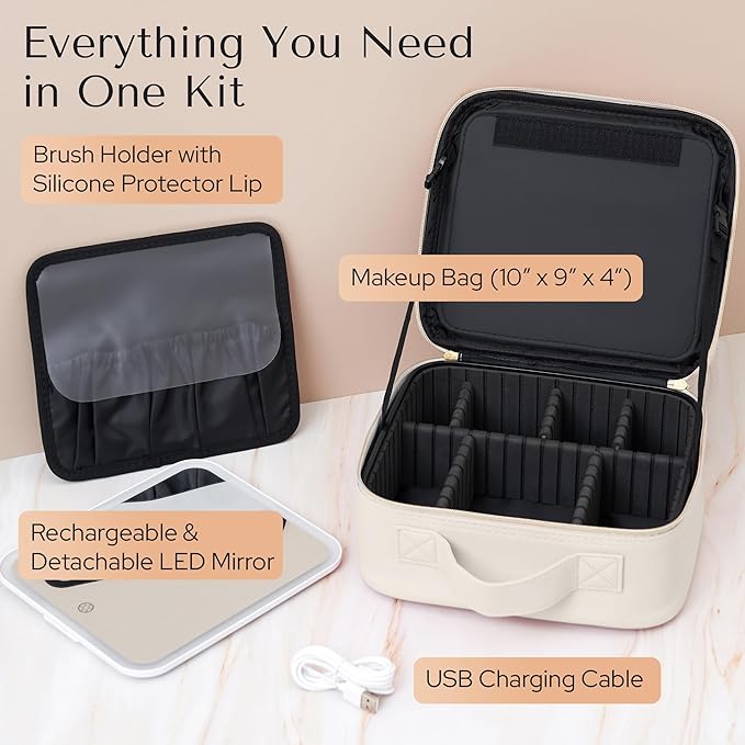 Aura In Bloom Makeup Bag with LED Mirror – Travel Cosmetic Organizer with Lighted Mirror, Adjustable Dividers & Brush Holder Storage – Portable PU Leather Makeup Case for Women & Girls - Cream