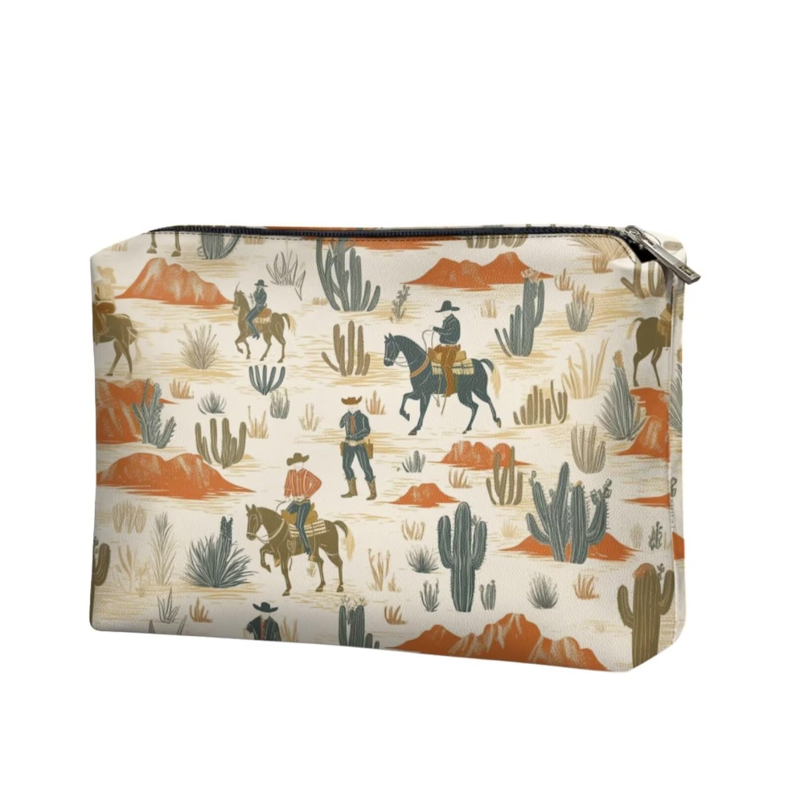 COEQINE Leather Cosmetic Purses for Women Western Purse Aztec Cltuch Wallet Travel Makeup Bag With Zipper Portable Cosmetic Pouch for Ladies Cell Phone Case,Cactus Race Horse Pattern