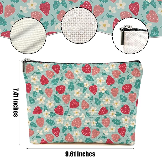 DHKG Cute Flowers Strawberry Makeup Bag Floral Cosmetic Bag Friend Friendship Gifts for Women Girls Sister Mom Coworker Botanical Travel Organizer Zipper Pouch Christmas Thanksgiving Birthday Gifts