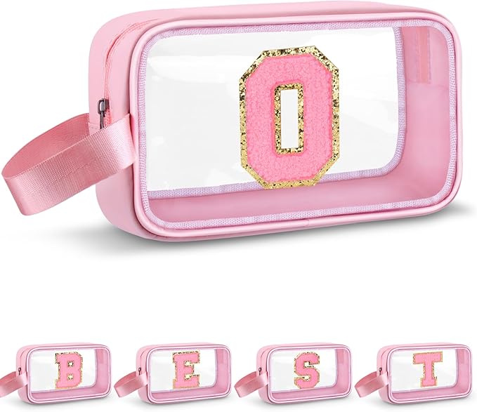 Vodolo Initial Makeup Bag,Letter O Cute Clear Monogrammed Cosmetic Travel Bag for Womens Girls,Personalized Pink Aesthetic Traveling Make Up Organizer Bag for Beach,Waterproof Toiletry Bag