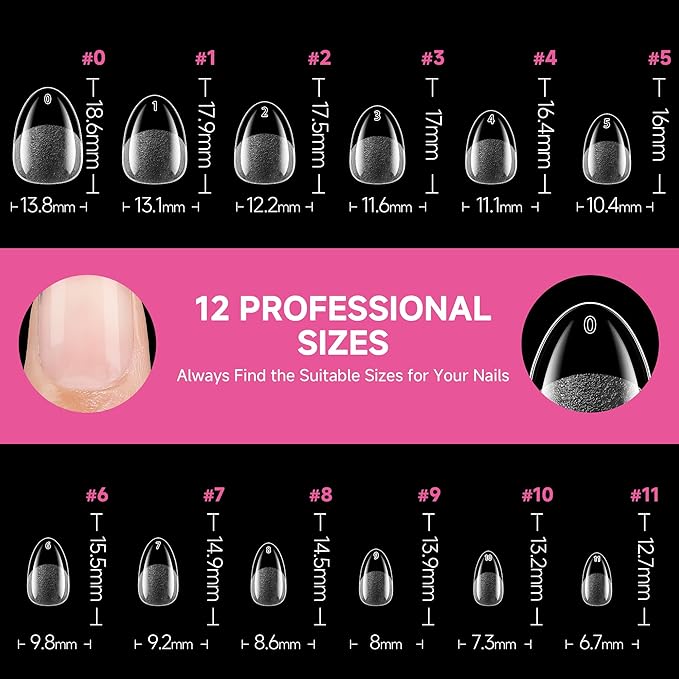 UNA GELLA Extra Short Almond Nail Tips, 312pcs XS Short Almond Gel Nail Tips, Pre-Shaped Half Matte Full Cover No Need File Soft Gel Clear Fake Nails for Nails Extension Home DIY Salon 12 Sizes
