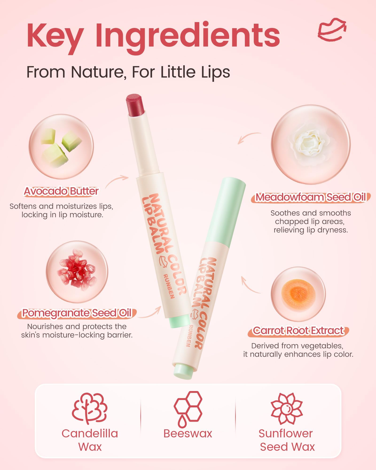 RUNBEN Kids Tinted Lip Balm, Juicy Pomegranate Lipstick