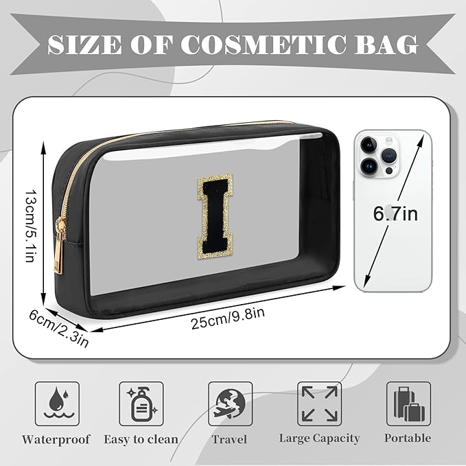UIXIZQ Personalized Initial Letter Clear Makeup Bag,Preppy Small Nylon&PVC Cosmetic Zipper Bag with Chenille Letter,Travel Skincare Toiletry Bag,Monogram Christmas Gift for Teen Girls Women,I