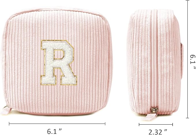Cute Makeup Bag for Women - Monogram Personalized Initial Makeup Bags Cosmetic Pouch Pink Make Up Case for Women Her Best Friend Friendship Sister Teacher Appreciation Gifts for Her(Letter R, Pink)